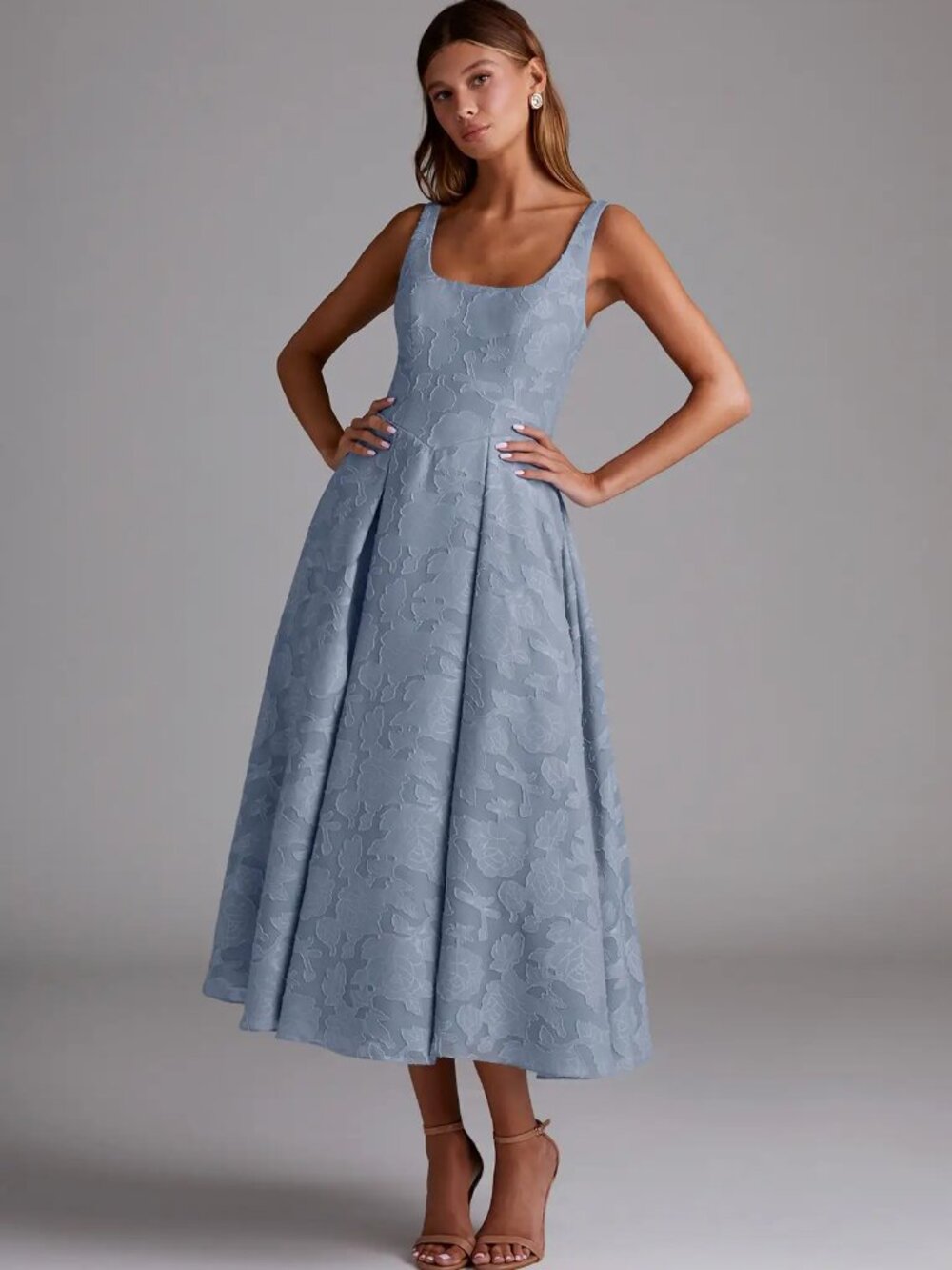 Azazie A-Line Pleated Floral Burnout Dress - Dusty Blue